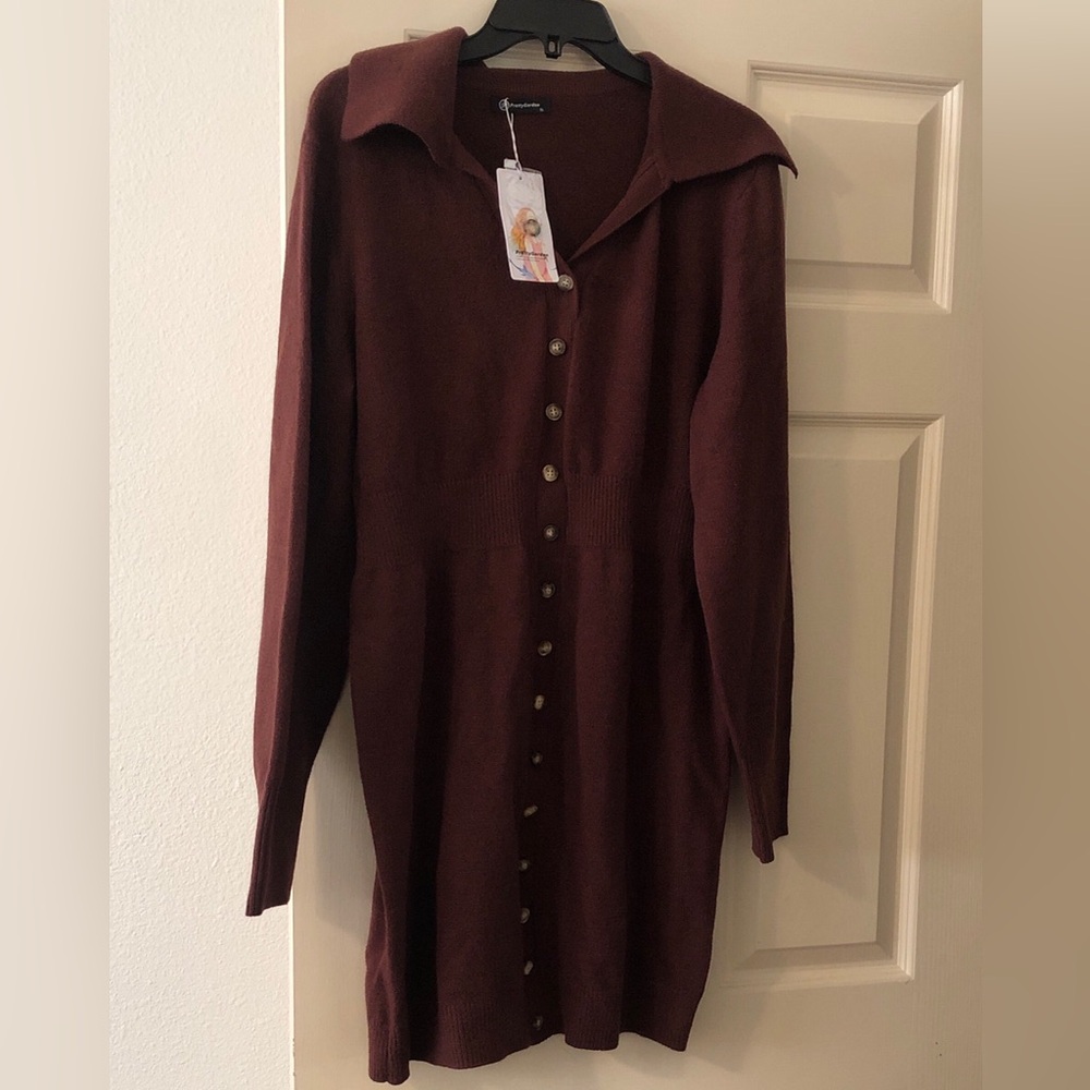 Button-Front Long Sleeve Knit Dress - Burgundy